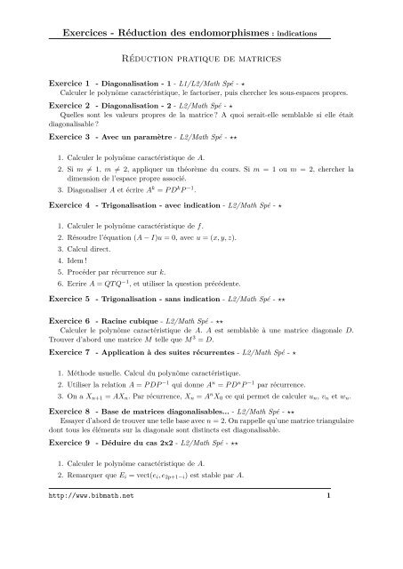 Exercices - RÃ©duction des endomorphismes : indications ... - Bibmath