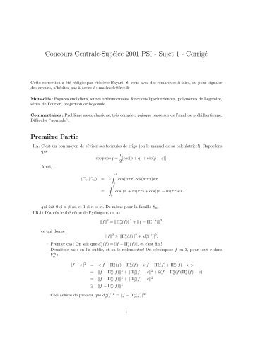 Concours Centrale-SupÃ©lec 2001 PSI - Sujet 1 - CorrigÃ© - Bibmath