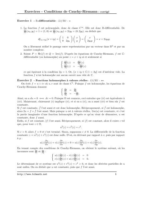 Exercices - Conditions de Cauchy-Riemann : corrigÃ© - Bibmath