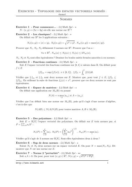 Exercices - Topologie des espaces vectoriels normÃ©s ... - Bibmath