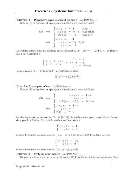 Exercices - SystÃ¨me linÃ©aires : corrigÃ© - BibMath