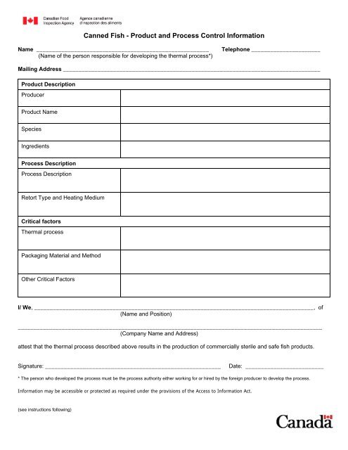 Canned Fish - Product and Process Control Information