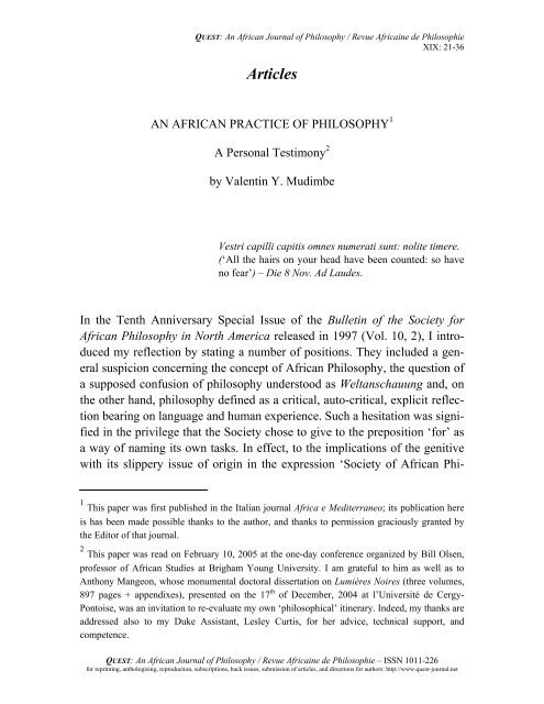 A Personal Testimony By Valentin Y Mudimbe Quest Journal Net