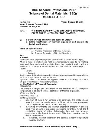 Science of Dental Materials - SEQs