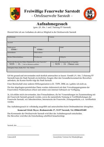 Aufnahmegesuch Freiwillige Feuerwehr Sarstedt