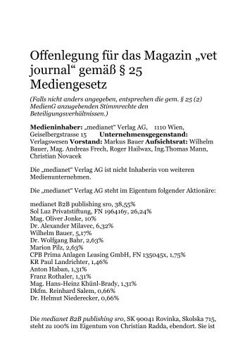 Offenlegung fÃ¼r das Magazin âvet journalâ gemÃ¤Ã Â§ 25 Mediengesetz