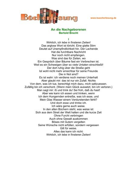 Bertolt Brecht An Die Nachgeborenen An die Nachgeborenen - Bertold Brecht