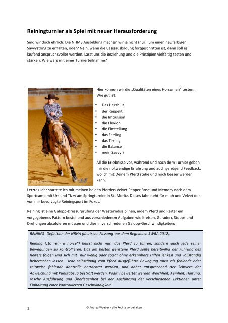 Bericht von Andrea Waeber - Schule fÃ¼r Natural Horsemanship