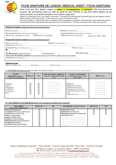 fiche sanitaire de liaison / medical sheet / ficha sanitaria - FM-Sports