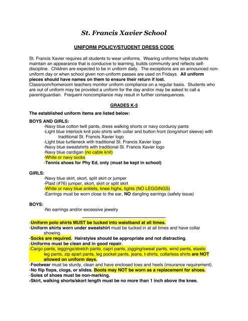 dress code section St. Francis Xavier Catholic Church and School