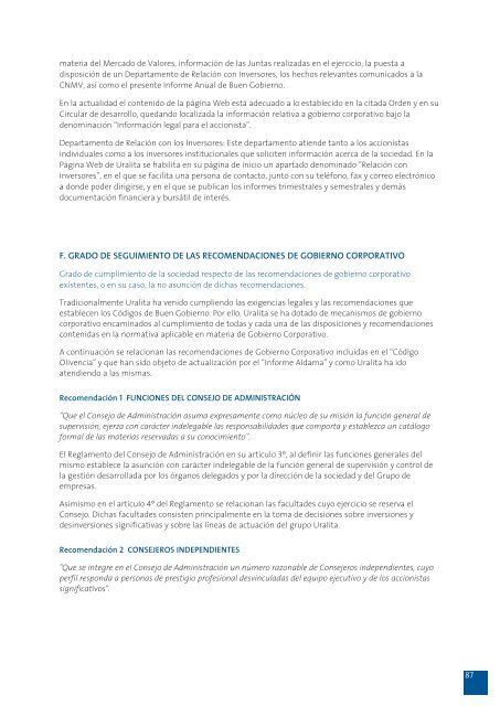 Uralita, SA Informe Anual de Gobierno Corporativo 2005