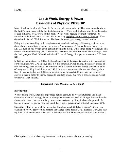 Lab 3 Work Energy Amp Power Essentials Of Physics Phys 101