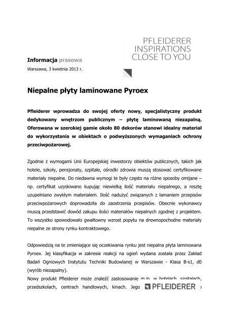 Niepalne pÅyty laminowane Pyroex - Pfleiderer