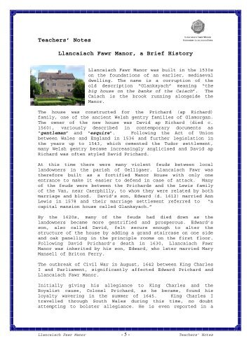 Teachers' Notes Llancaiach Fawr Manor, a Brief History