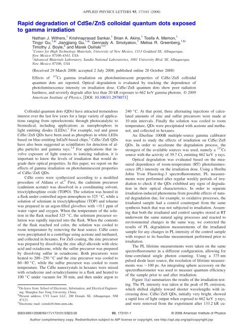 Rapid degradation of CdSe/ZnS colloidal quantum dots exposed to ...