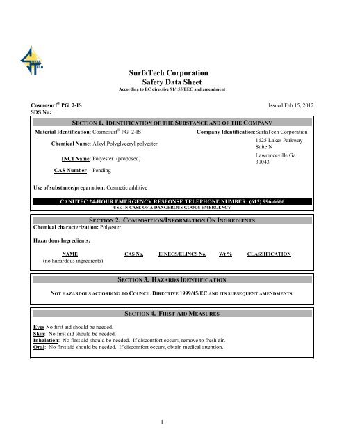 MSDS CosmosurfÂ© PG 2-OS - SurfaTech