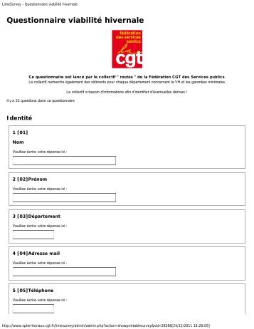 LimeSurvey - Questionnaire viabilitÃ© hivernale - CGT Services publics