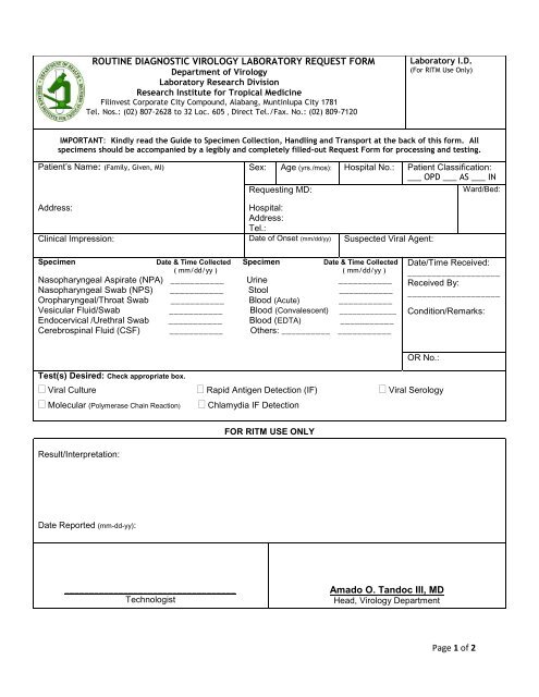 LABORATORY REQUEST FORM (pdf) - Research Institute for ...