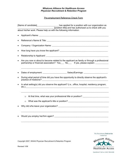 Solved Pre-Employment Reference Check Form These are the