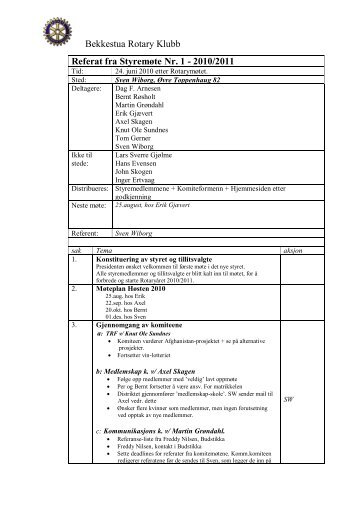 Bekkestua Rotary Klubb Referat fra Styremøte Nr. 1 - 2010/2011