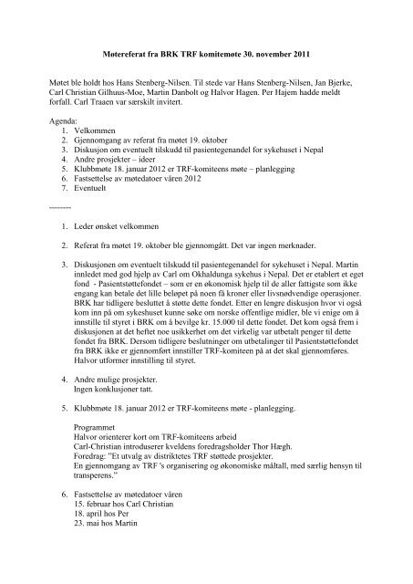 Møtereferat fra BRK TRF komitemøte 14 - Bekkestua Rotary klubb