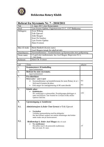 Bekkestua Rotary Klubb Referat fra Styremøte Nr. 7 - 2010/2011