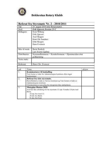 Bekkestua Rotary Klubb Referat fra Styremøte Nr. 2 - 2010/2011