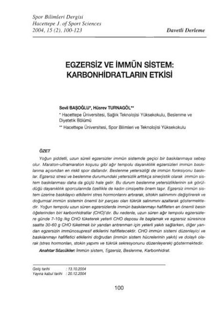 EGZERSiZ VE iMMÜN SiSTEM: - Spor Bilimleri Dergisi - Hacettepe ...