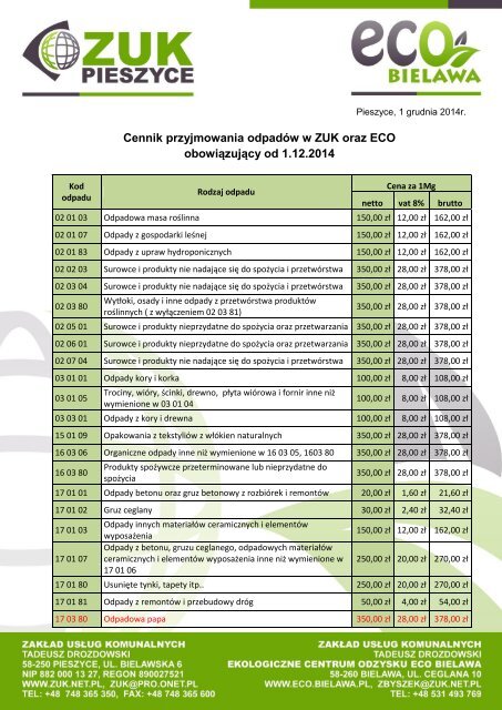 Cennik przyjmowania odpadÃ³w w ZUK oraz ECO ... - ECO Bielawa