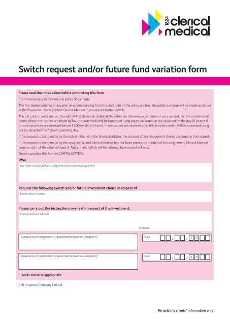 Switch request and/or future fund variation form - Clerical Medical