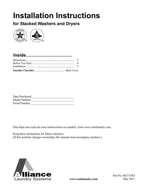 Installation Instructions for Stacked Washers and Dryers - UniMac
