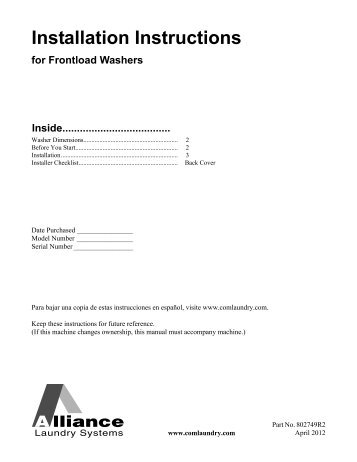 Installation Instructions for Frontload Washers - UniMac