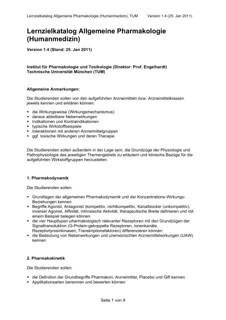 Lernziele Allgemeine Pharmakologie - TUM - Institut fÃ¼r ...