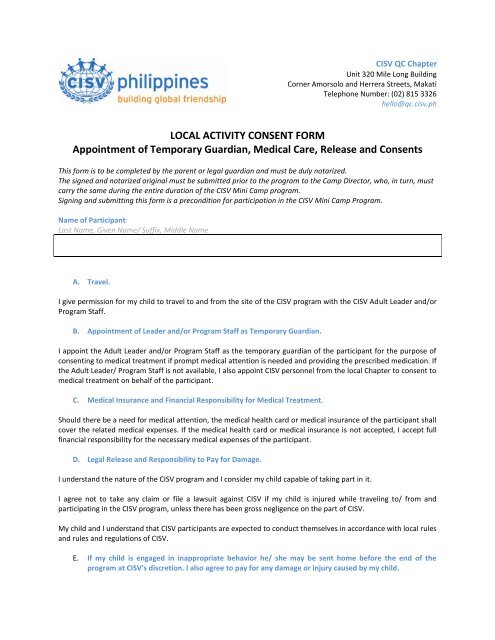 Local Activity Consent Form Appointment Of What Is Cisv