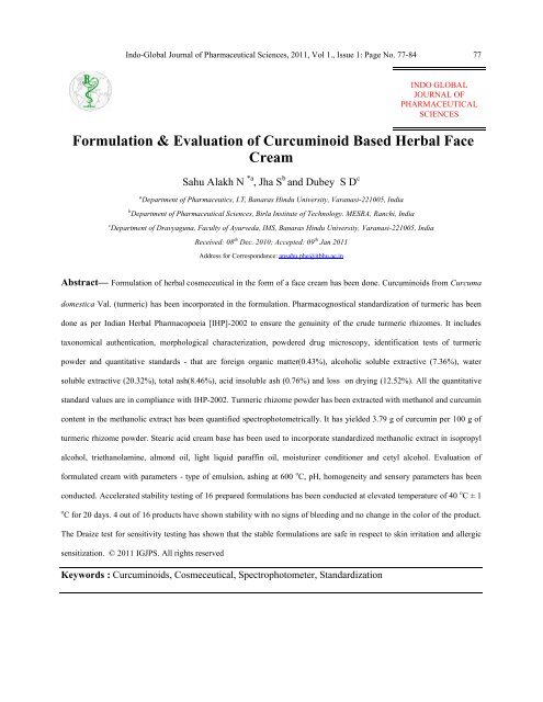 Formulation & Evaluation of Curcuminoid Based Herbal Face Cream