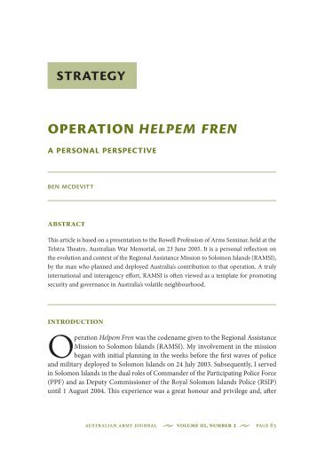 Operation Helpem Fren: A Personal Perspective - Australian Army