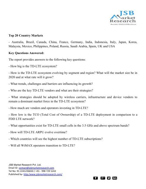 JSB Market Research: The TD-LTE Ecosystem: 2015 - 2020 - Infrastructure, Devices, Subscriptions & Operator Revenue