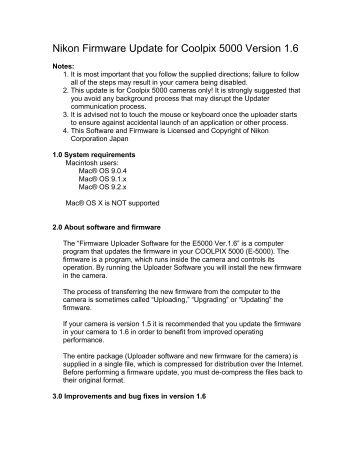 Nikon Firmware Update for Coolpix 5000 Version 1.6