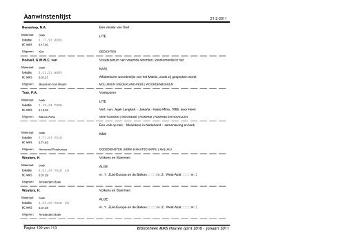 Aanwinstenlijst - Bibliotheek Moluks Instituut voor Kerk & Samenleving