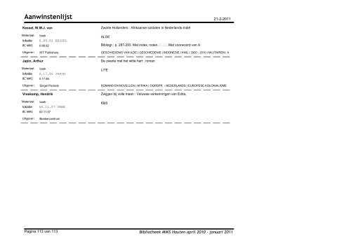 Aanwinstenlijst - Bibliotheek Moluks Instituut voor Kerk & Samenleving