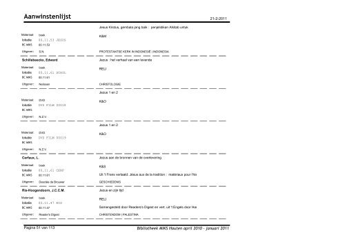 Aanwinstenlijst - Bibliotheek Moluks Instituut voor Kerk & Samenleving