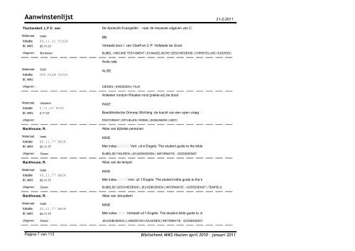 Aanwinstenlijst - Bibliotheek Moluks Instituut voor Kerk & Samenleving