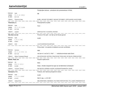 Aanwinstenlijst - Bibliotheek Moluks Instituut voor Kerk & Samenleving