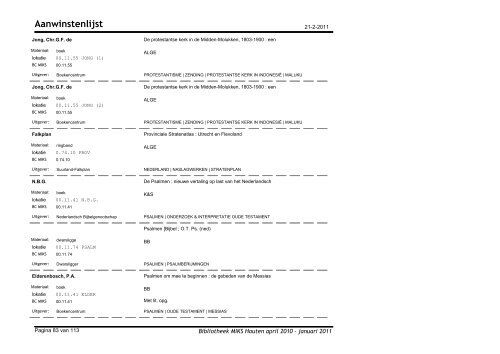Aanwinstenlijst - Bibliotheek Moluks Instituut voor Kerk & Samenleving