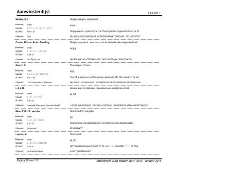 Aanwinstenlijst - Bibliotheek Moluks Instituut voor Kerk & Samenleving