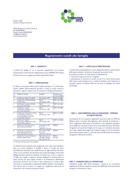 Regolamento sussidi alla famiglia - Insieme 1957
