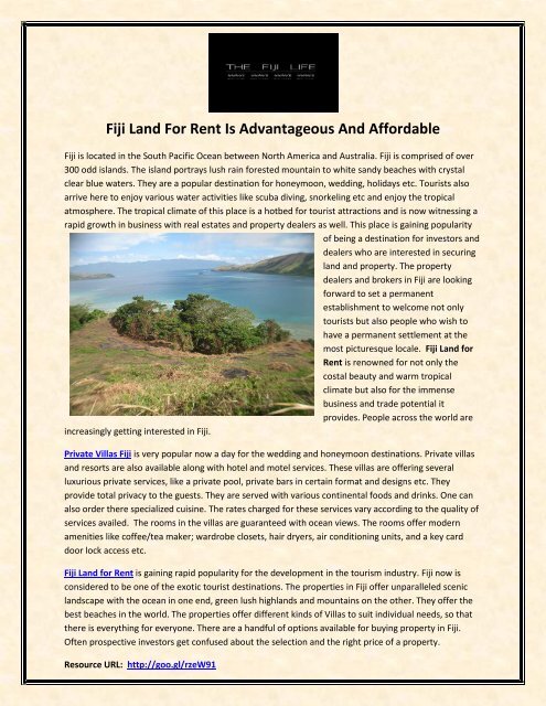 Fiji Land For Rent Is Advantageous And Affordable