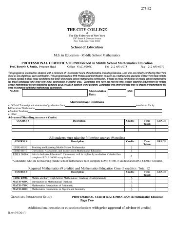 Middle School Professional Certification Program Sheet (pdf format)