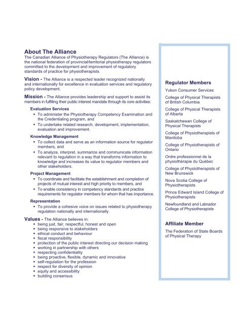 Annual Report 2009 - Canadian Alliance of Physiotherapy Regulators