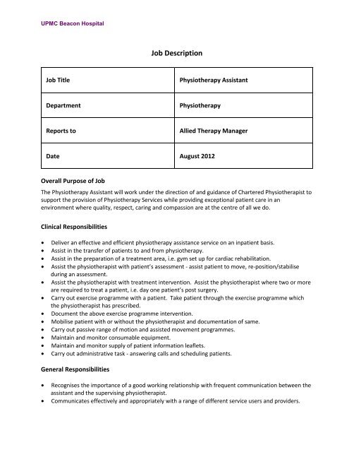 Job Description - Upmc Beacon Hospital